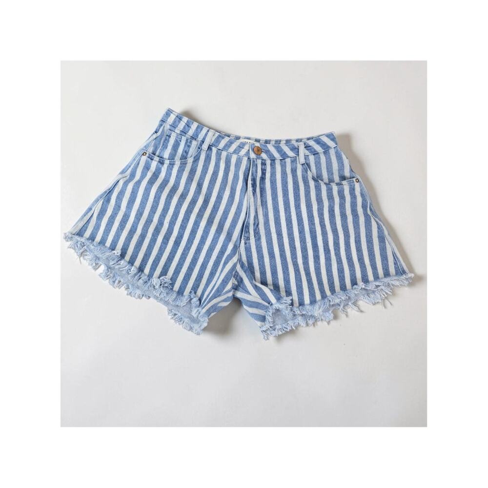 Lanca Perfume Jean Shorts Blue Vertical Stripe Raw Hem High Rise Cut Off Medium